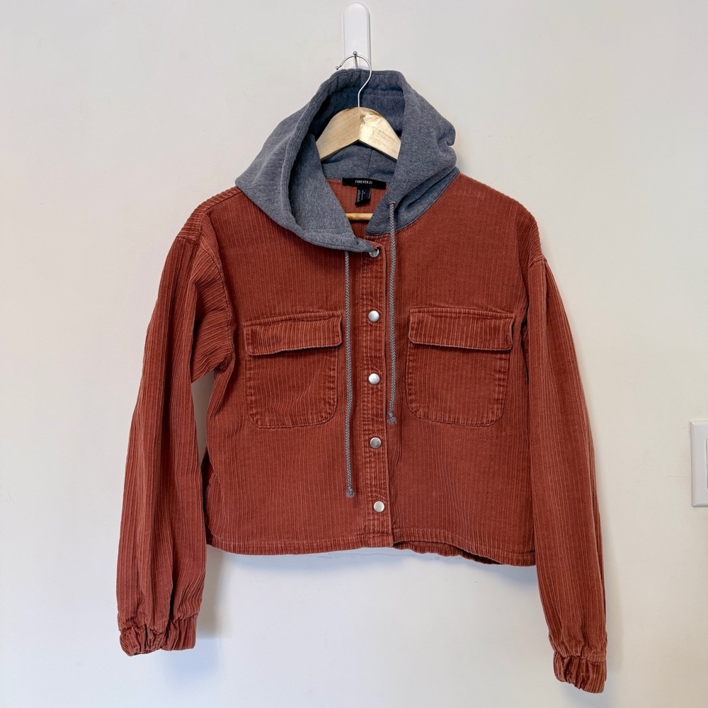 Vintage Forever 21 Rust Corduroy Jacket with Sweatshirt Material Hoodie 🔥